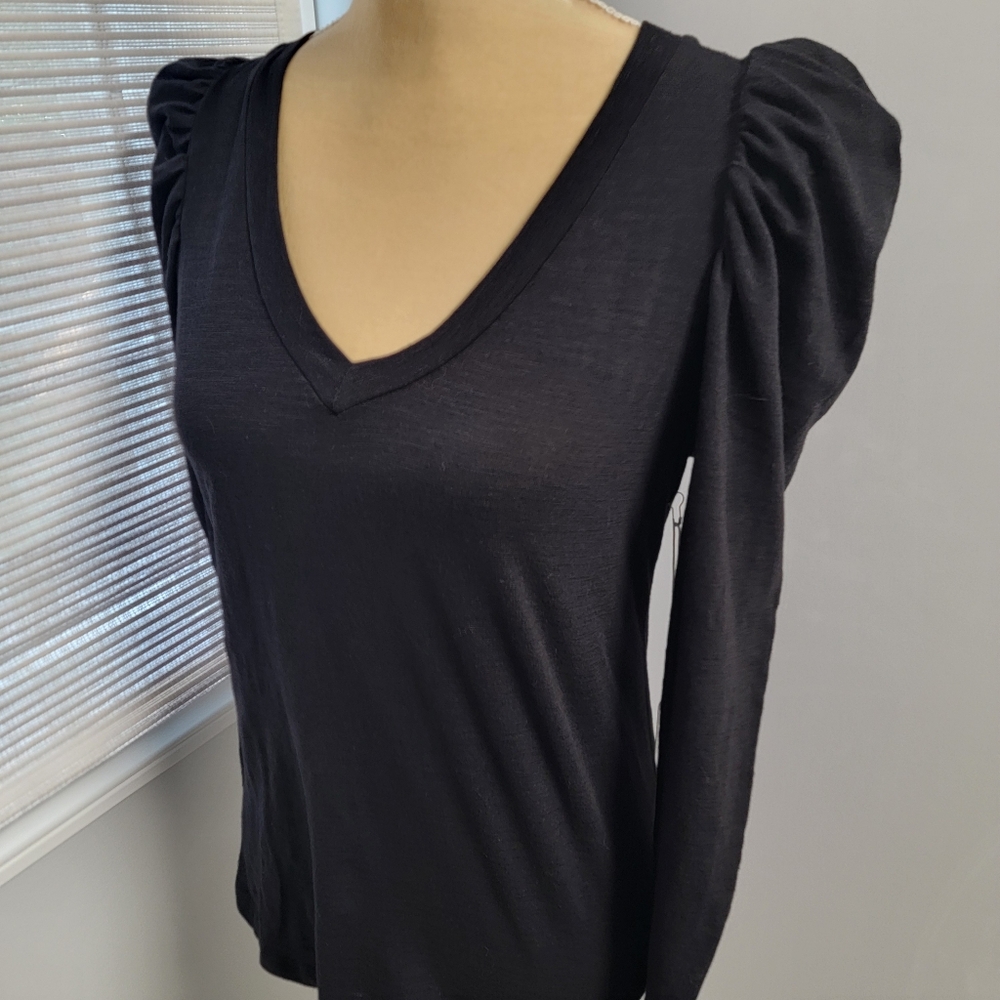 Six/Fifty Puff Sleeve LS Tshirt Top Black V Neck Dressy Casual Womens Small NWT